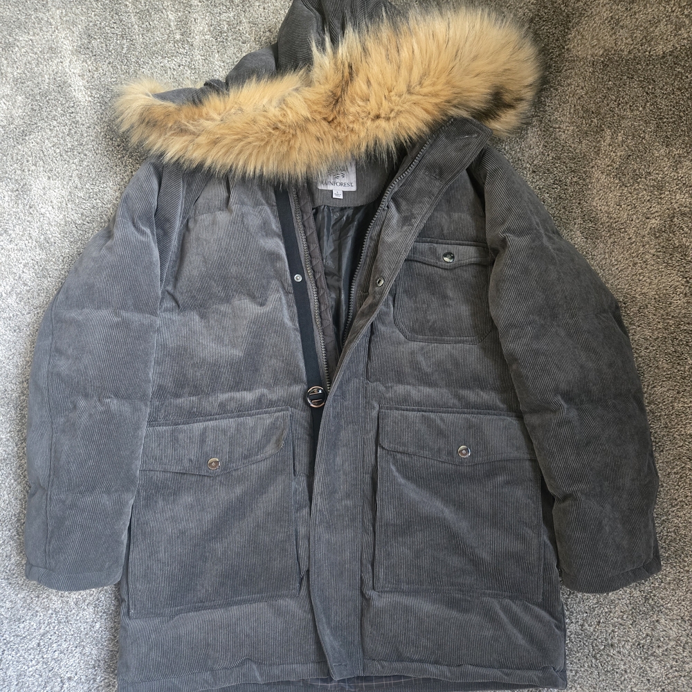 Rain Forest Corduroy Gray Fur-Trimmed Hooded Jacket Mens Size Large